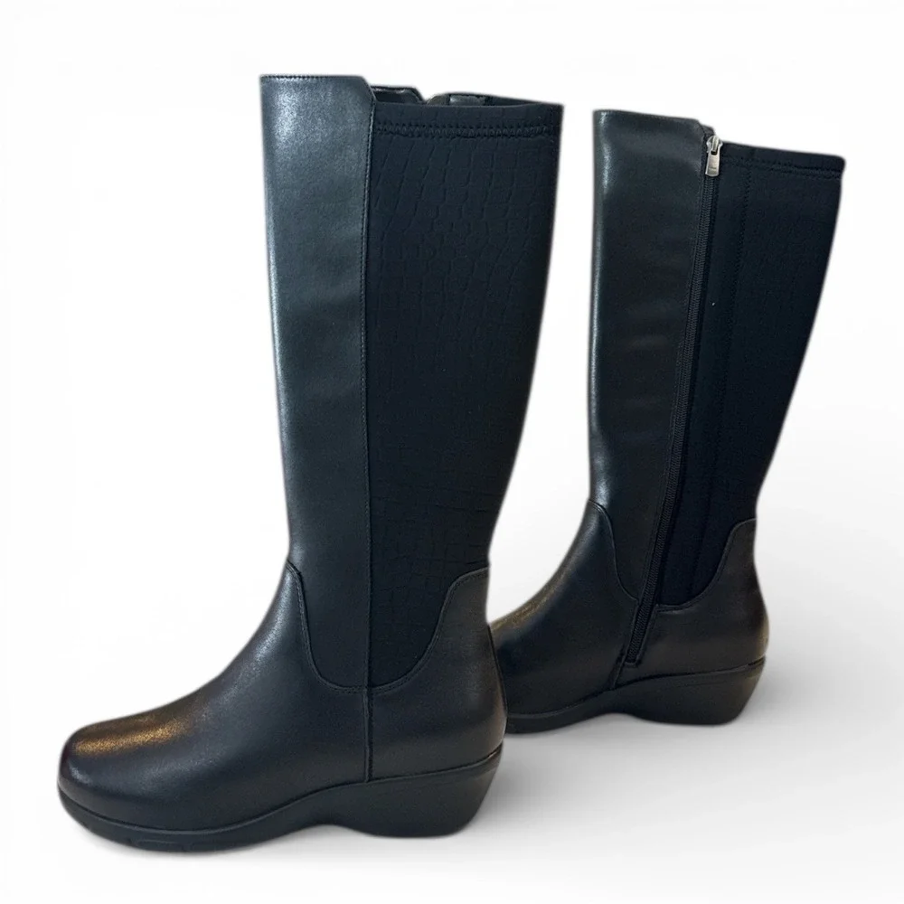 Propét Women's Black Knee High Boots‎ WFX195L Sz 7.5 Stretch Calf Extra Wide NIB